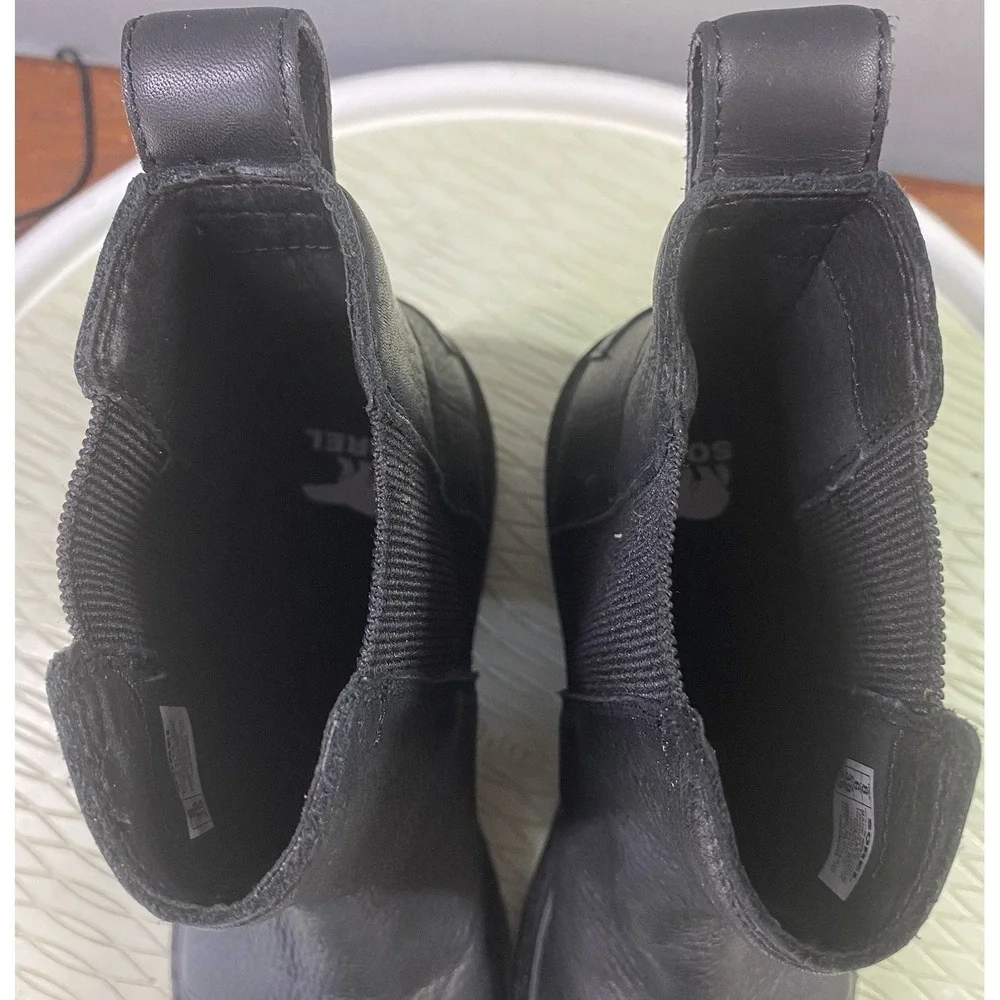 Sorel Joan Now Chelsea Leather Black Pull-on Ankle Combat Boots Lug Sole 8 EUC